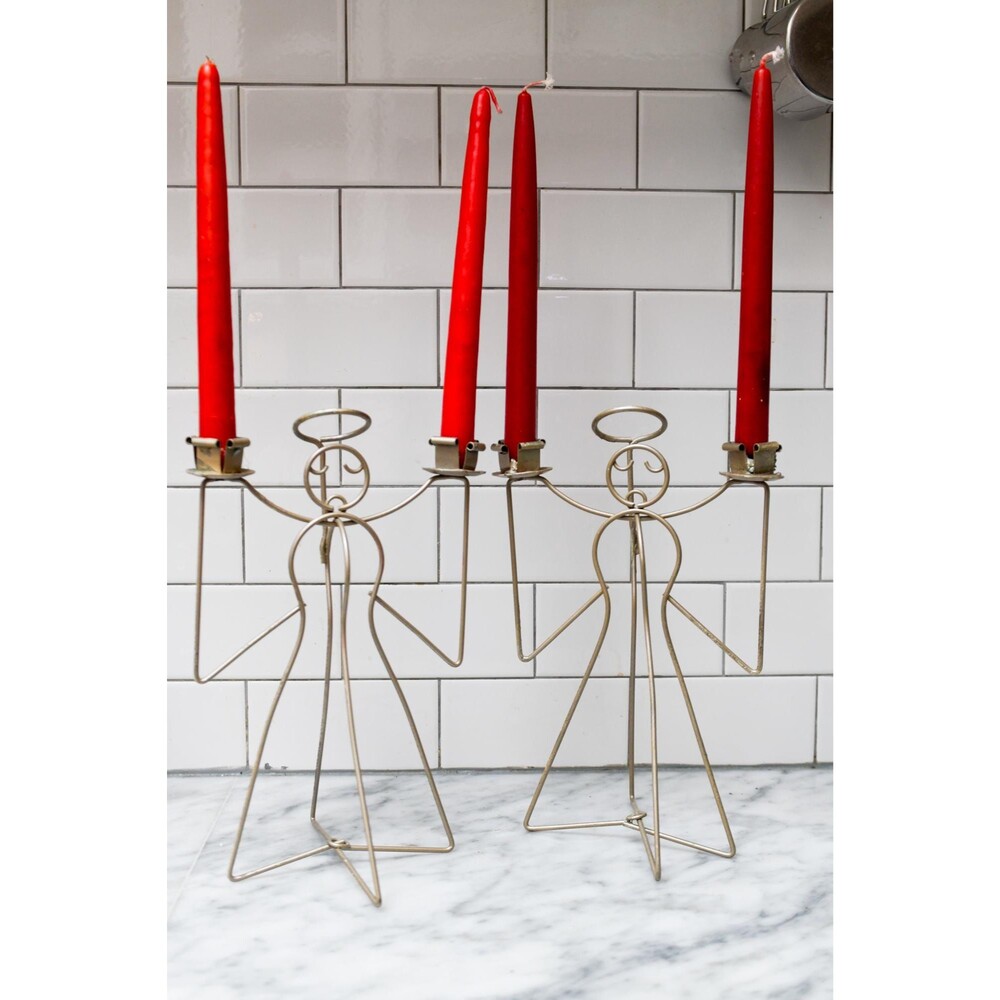 Pair of Vintage Wire Angel Candelabra Folk Art Taper Holders Gold Tone Holiday
